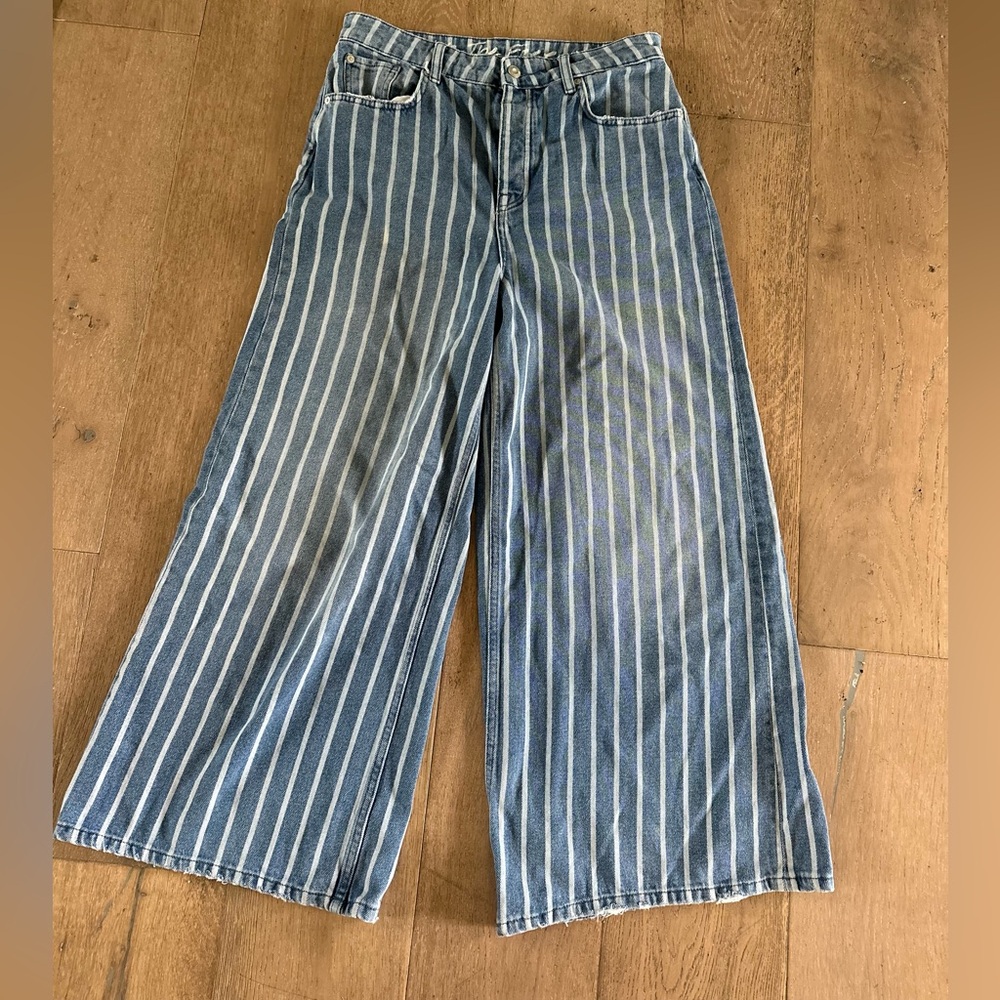 We The Free Wide Leg Striped Blue and White Jeans